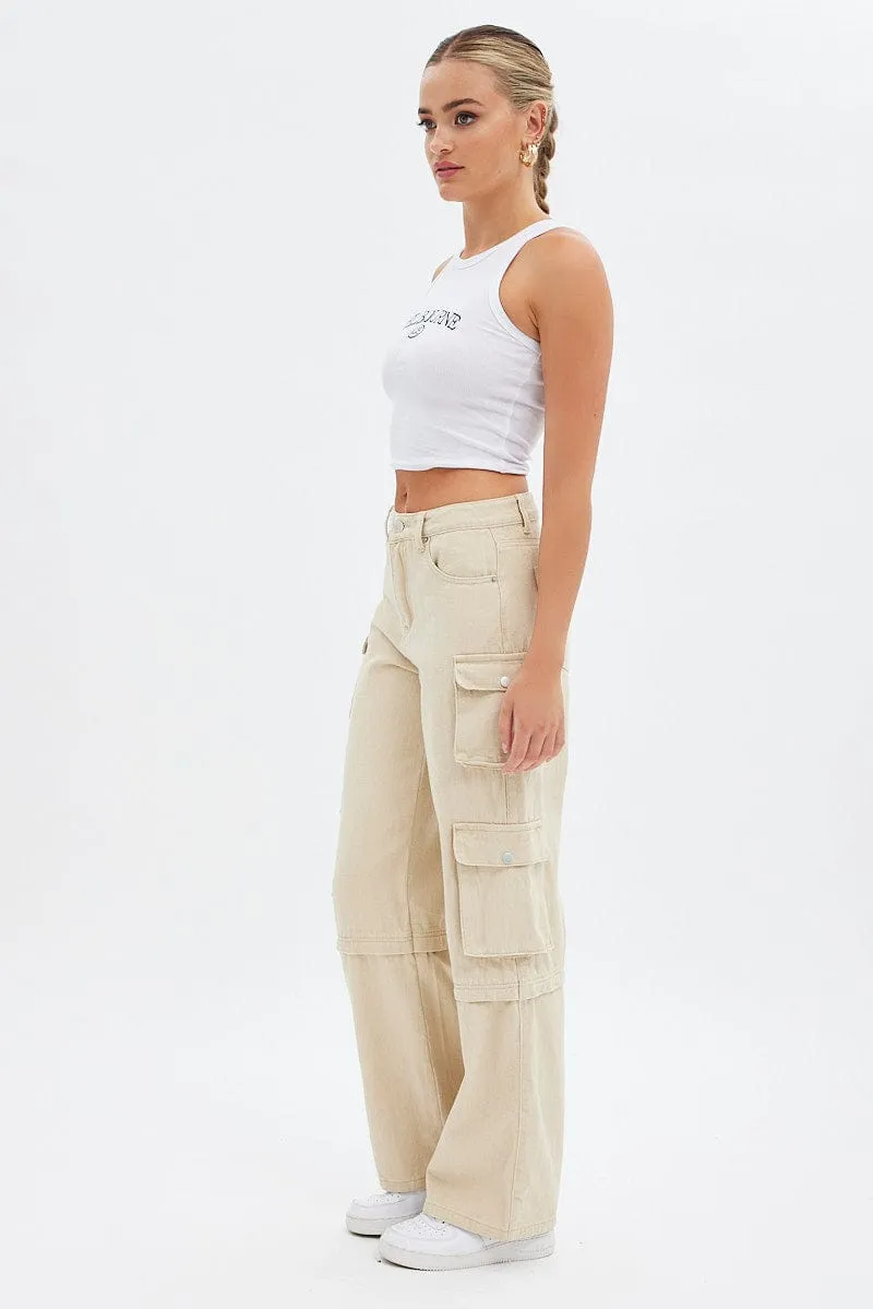 Beige Cargo Denim Jeans High rise