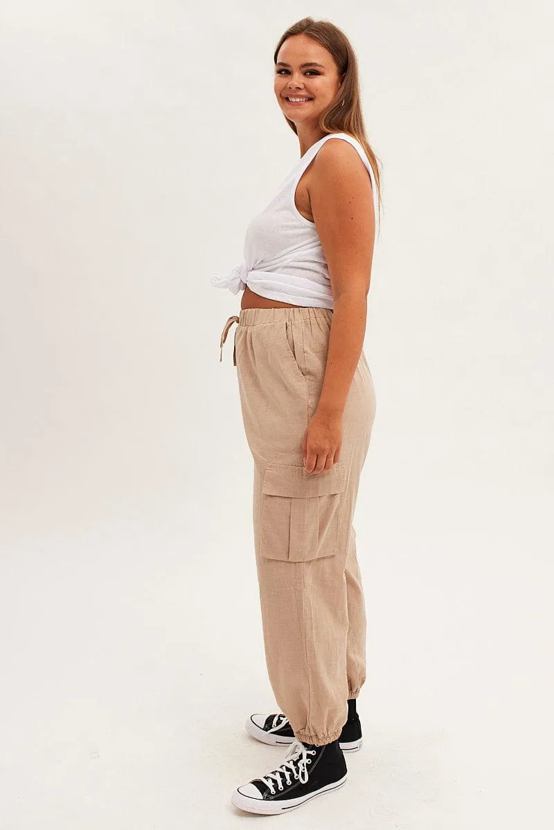 Beige Cargo Pants Elastic Waist Cotton Flap Pocket