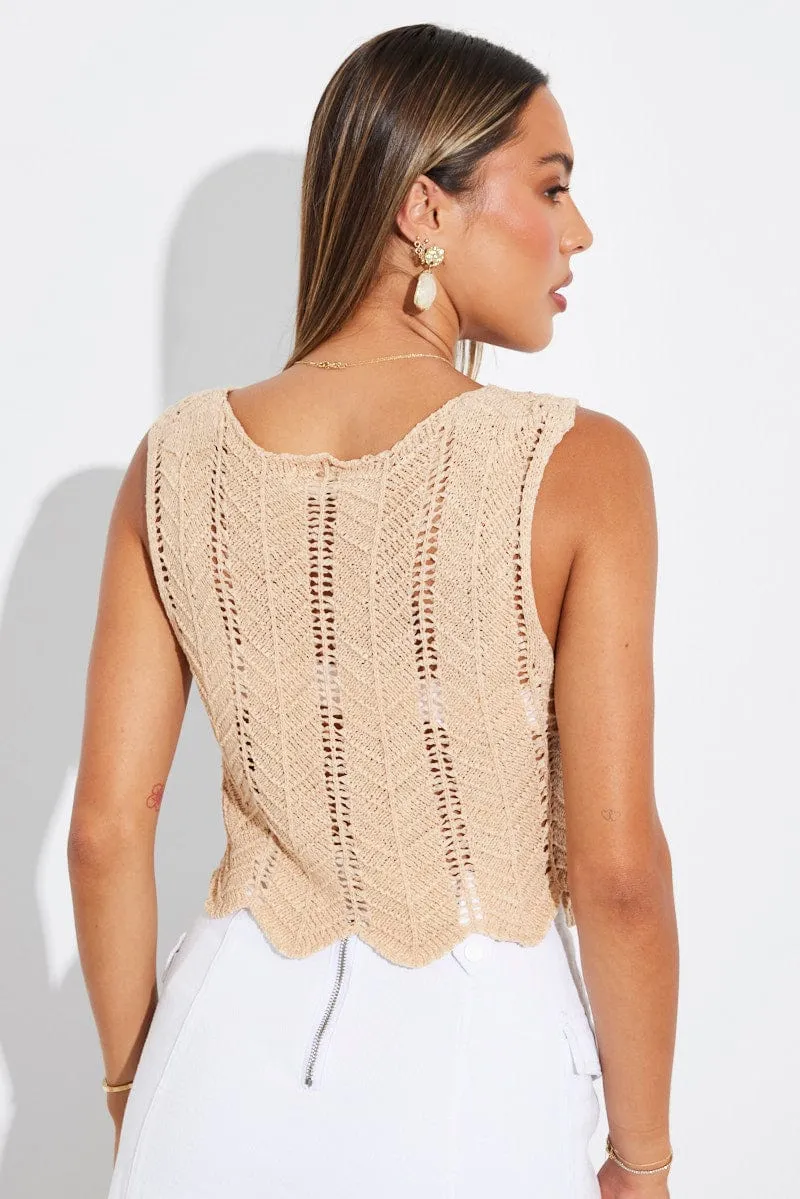 Beige Crochet Knit Vest V Neck