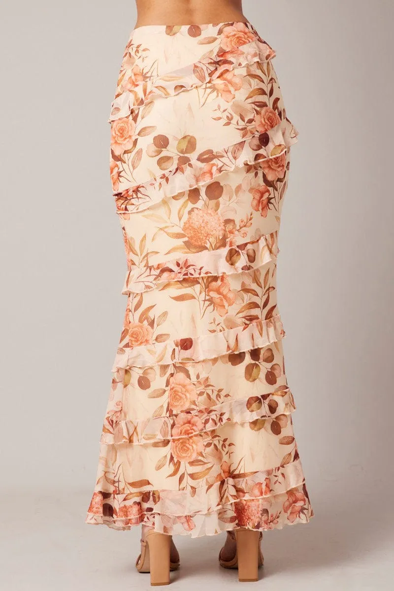 Beige Floral Ruffle Tiered Side Split Maxi Skirt