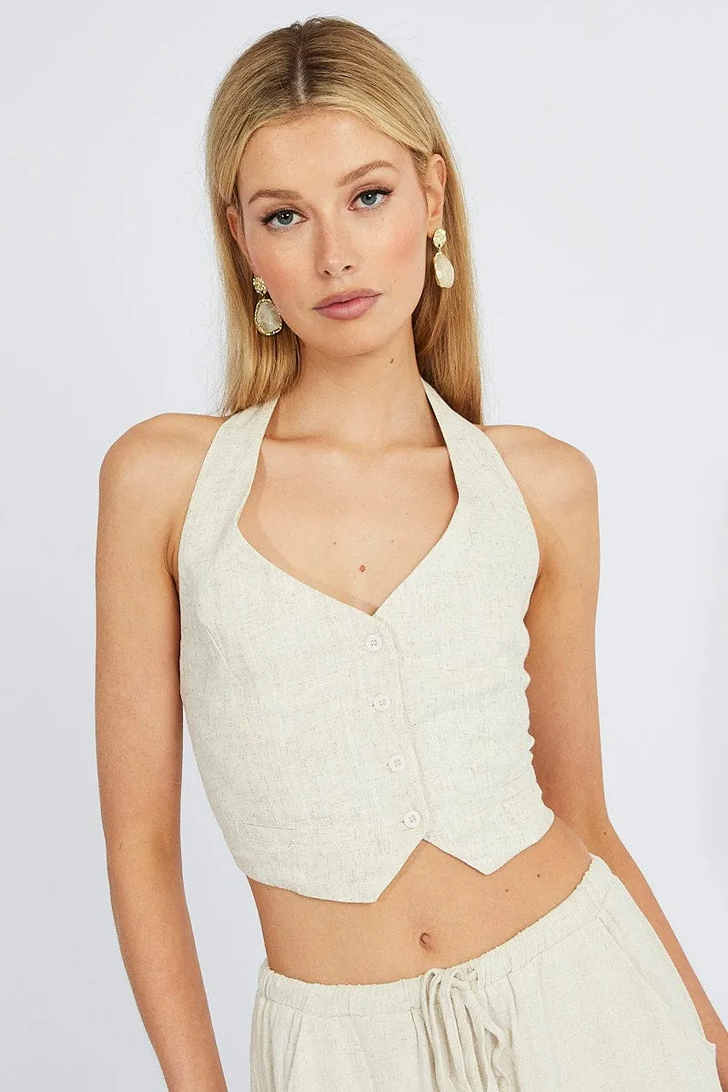 Beige Halter Neck Vest V Neckline Linen