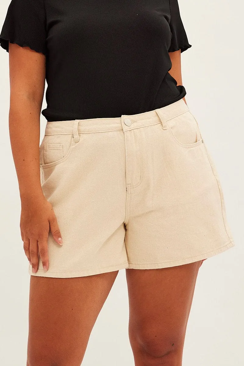 Beige Relaxed Denim Shorts High Rise