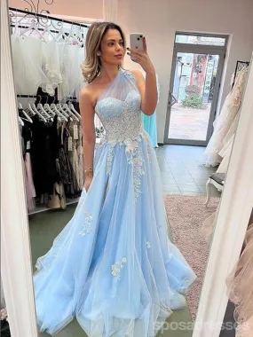 Blue A-line One Shoulder Maxi Long Prom Dresses,Evening Dresses,13177