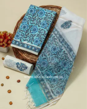 Blue Jaal Print Cotton Suit Swe with Kota Doria Dupatta (3CKD134)