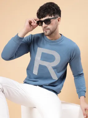 Blue Printed Round Neck Full Sleeve Fleece Sweatshirt