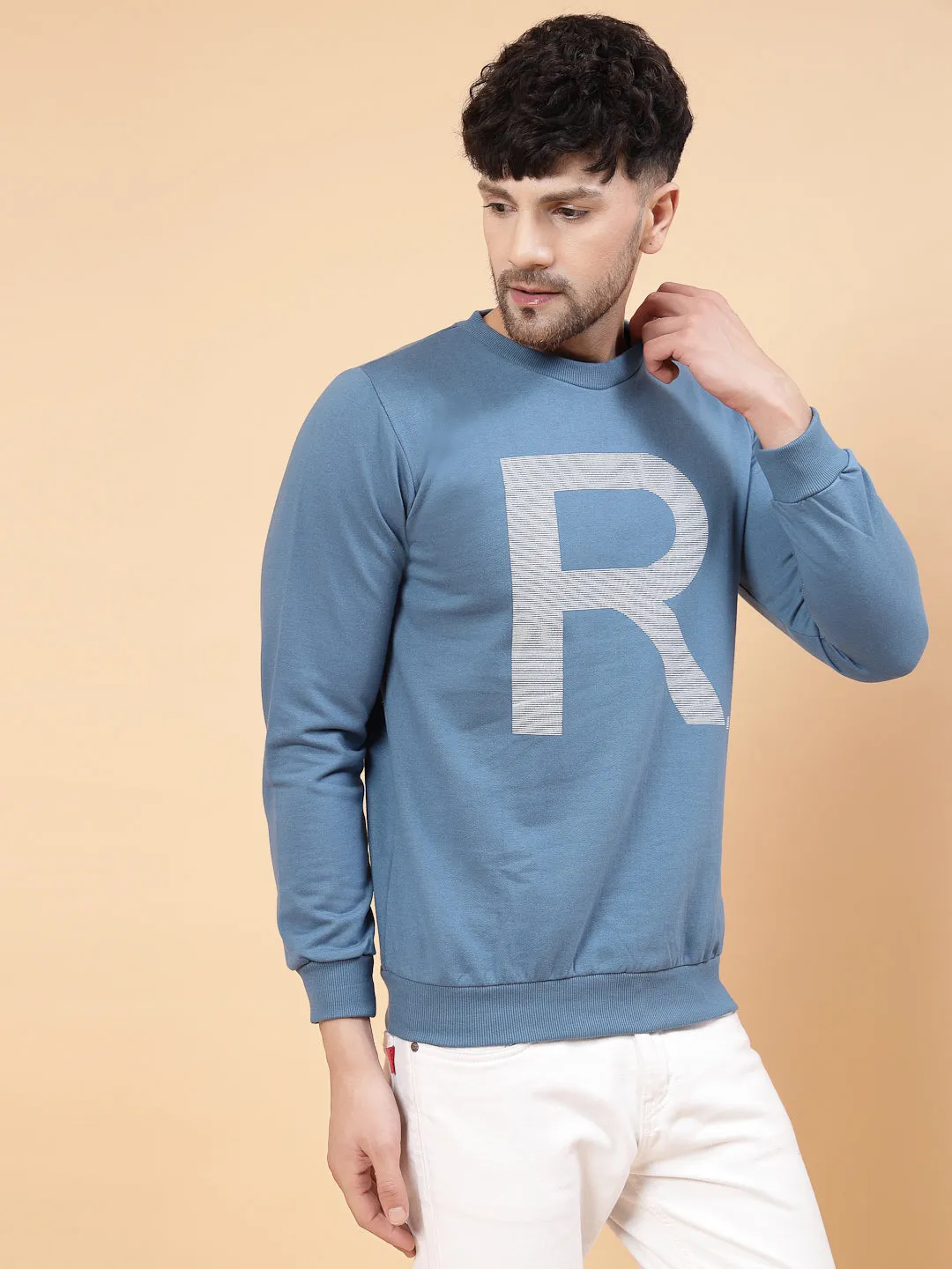 Blue Printed Round Neck Full Sleeve Fleece Sweatshirt