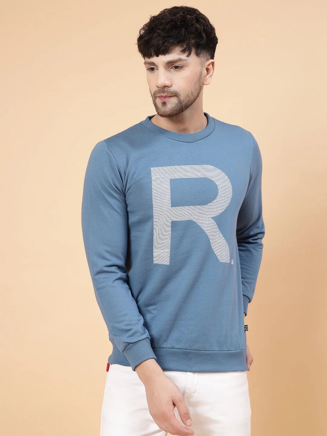 Blue Printed Round Neck Full Sleeve Fleece Sweatshirt