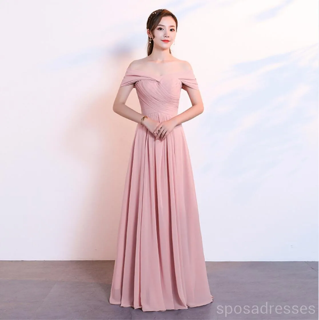 Blush Pink Floor Length Mismatched Chiffon Cheap Bridesmaid Dresses, WG534