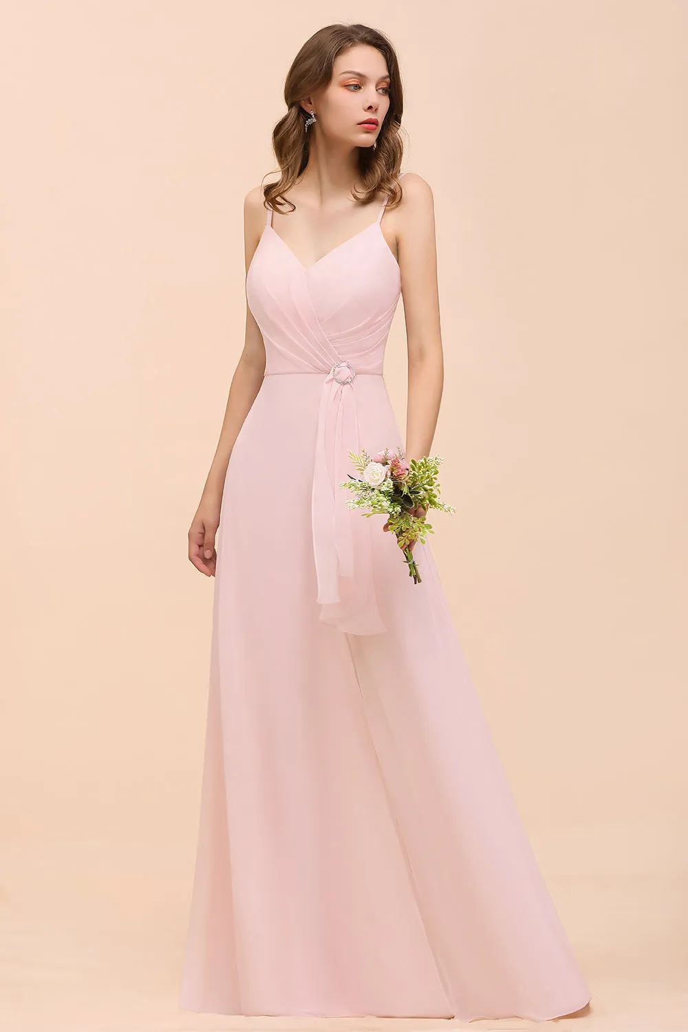 Blushing Pink Long A-line V-neck Spaghetti Straps Chiffon Bridesmaid Dress