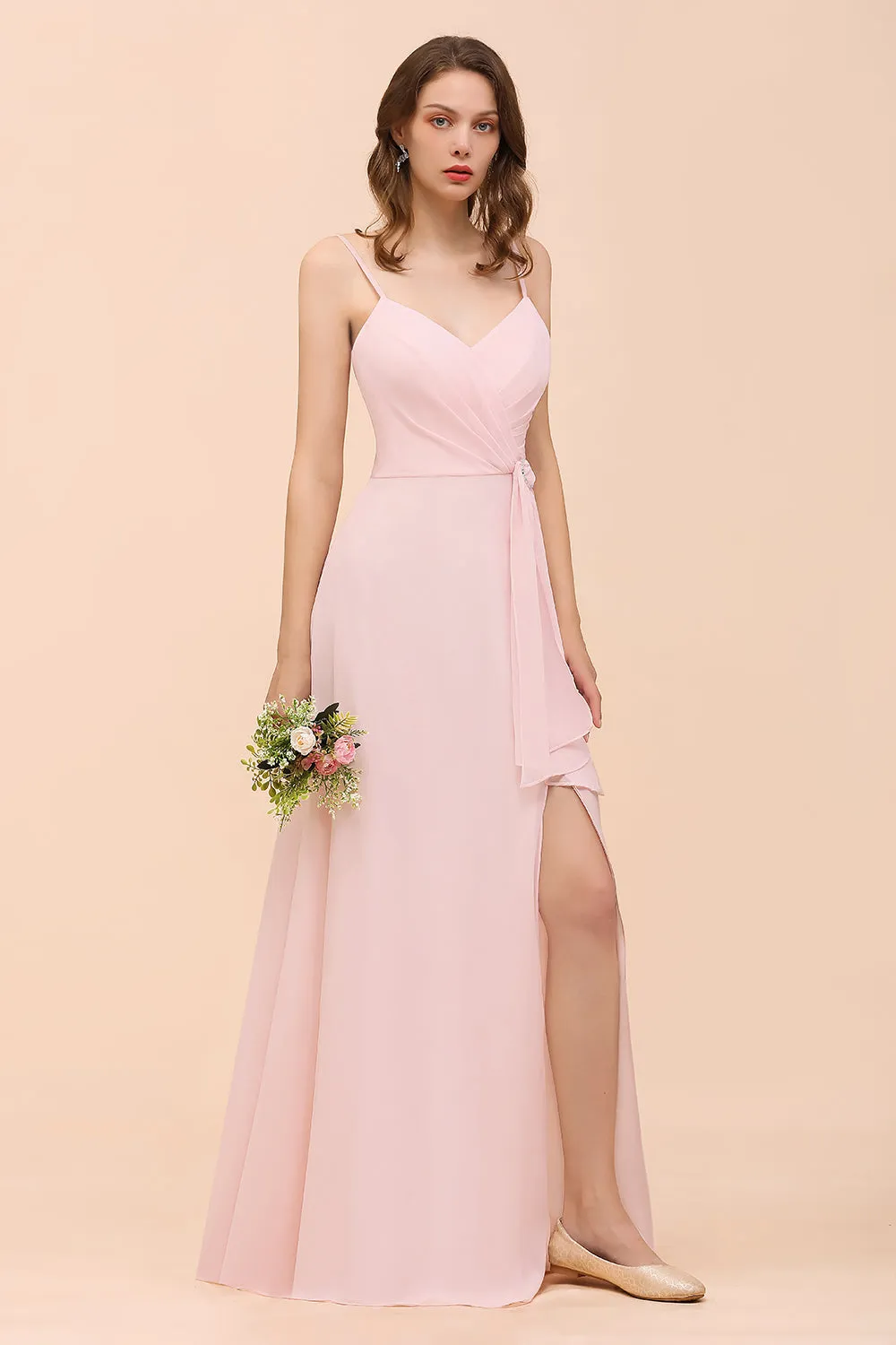 Blushing Pink Long A-line V-neck Spaghetti Straps Chiffon Bridesmaid Dress