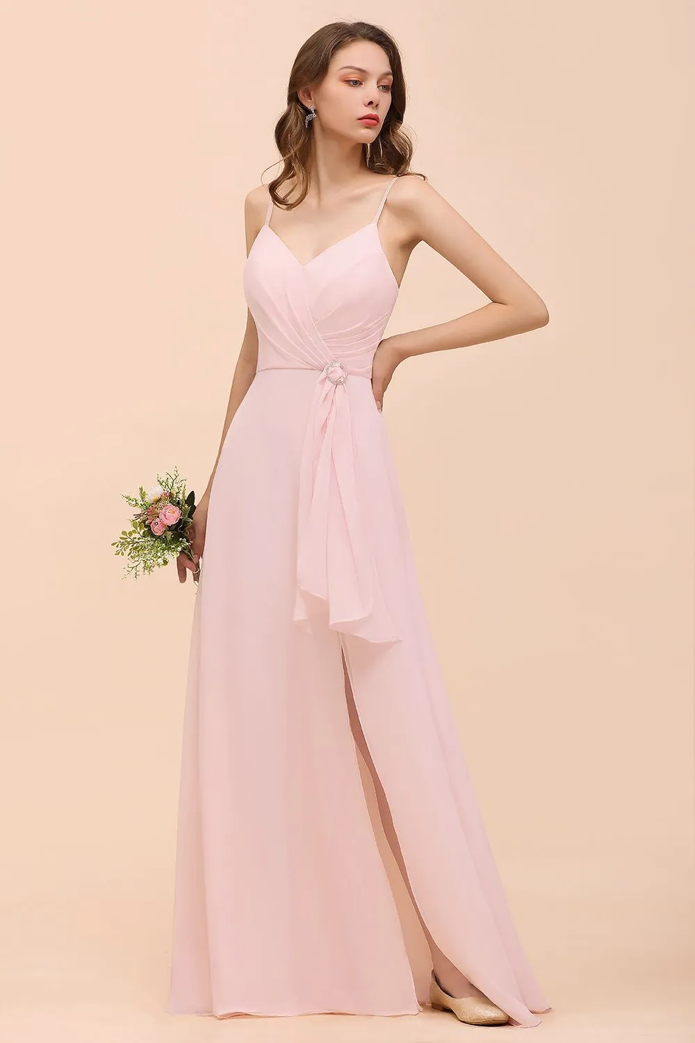 Blushing Pink Long A-line V-neck Spaghetti Straps Chiffon Bridesmaid Dress