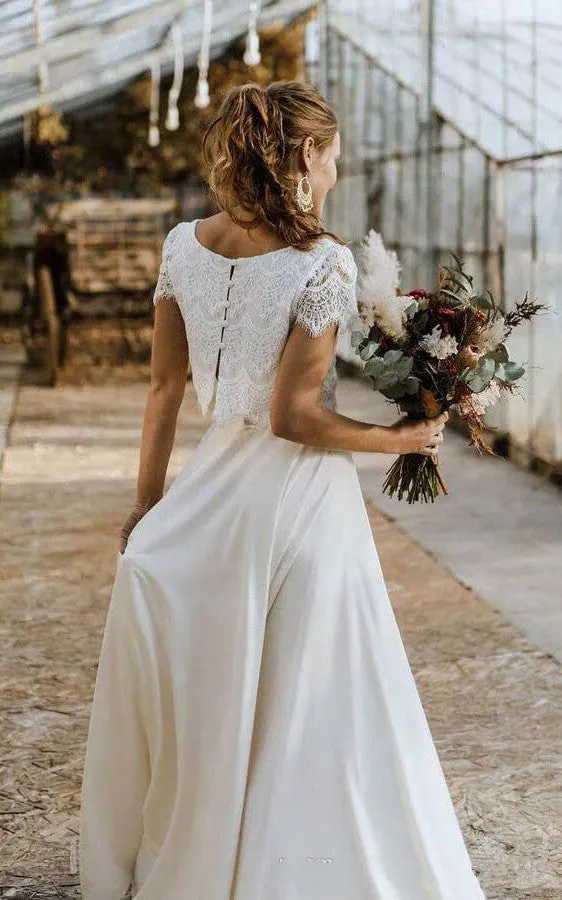 Bohemian Bateau Satin and Lace Two Piece Floor-length Short Sleeve Wedding Dress with Pleats-715931