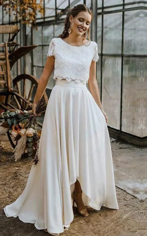 Bohemian Bateau Satin and Lace Two Piece Floor-length Short Sleeve Wedding Dress with Pleats-715931