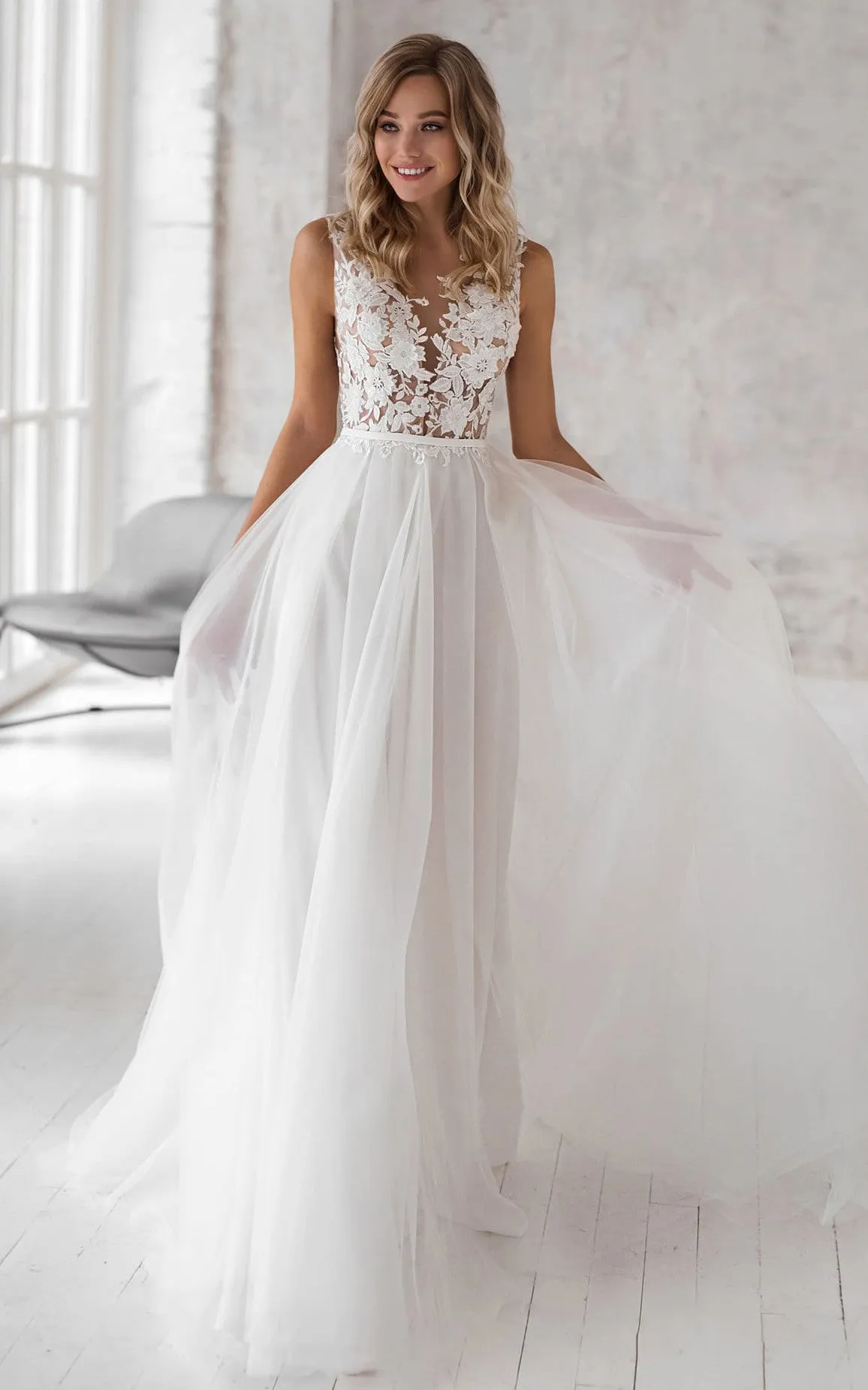 Bohemian V-neck A Line Lace and Tulle Sweep Train Wedding Dress with Appliques-716045