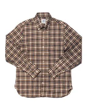 BROWN/NAVY/WHITE CHECK COTTON LONGSLEEVE SPORT SHIRT