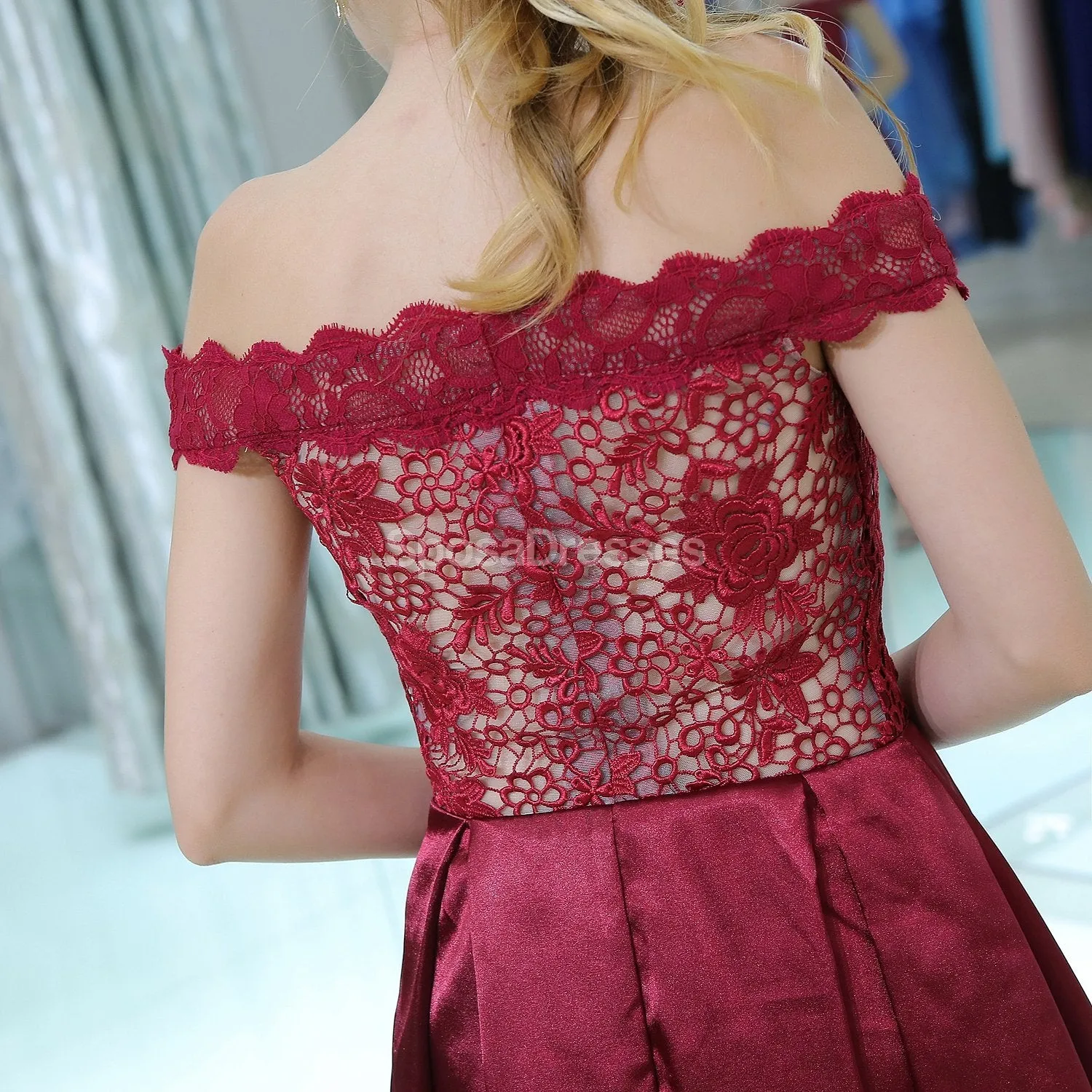 Burgundy Lace Off Shoulder Cheap Homecoming Dresses Online, Cheap Short Prom Dresses, CM813