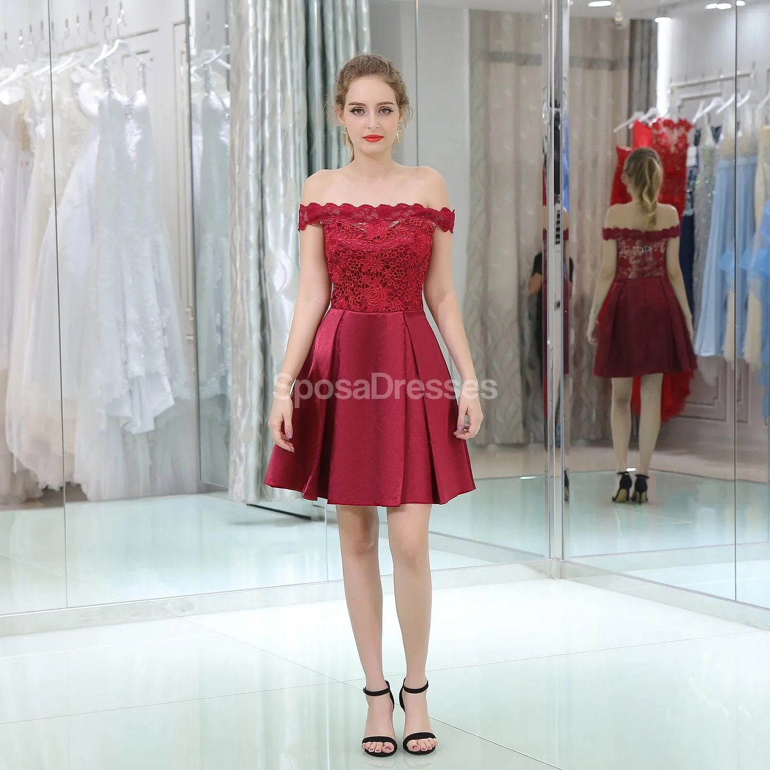 Burgundy Lace Off Shoulder Cheap Homecoming Dresses Online, Cheap Short Prom Dresses, CM813