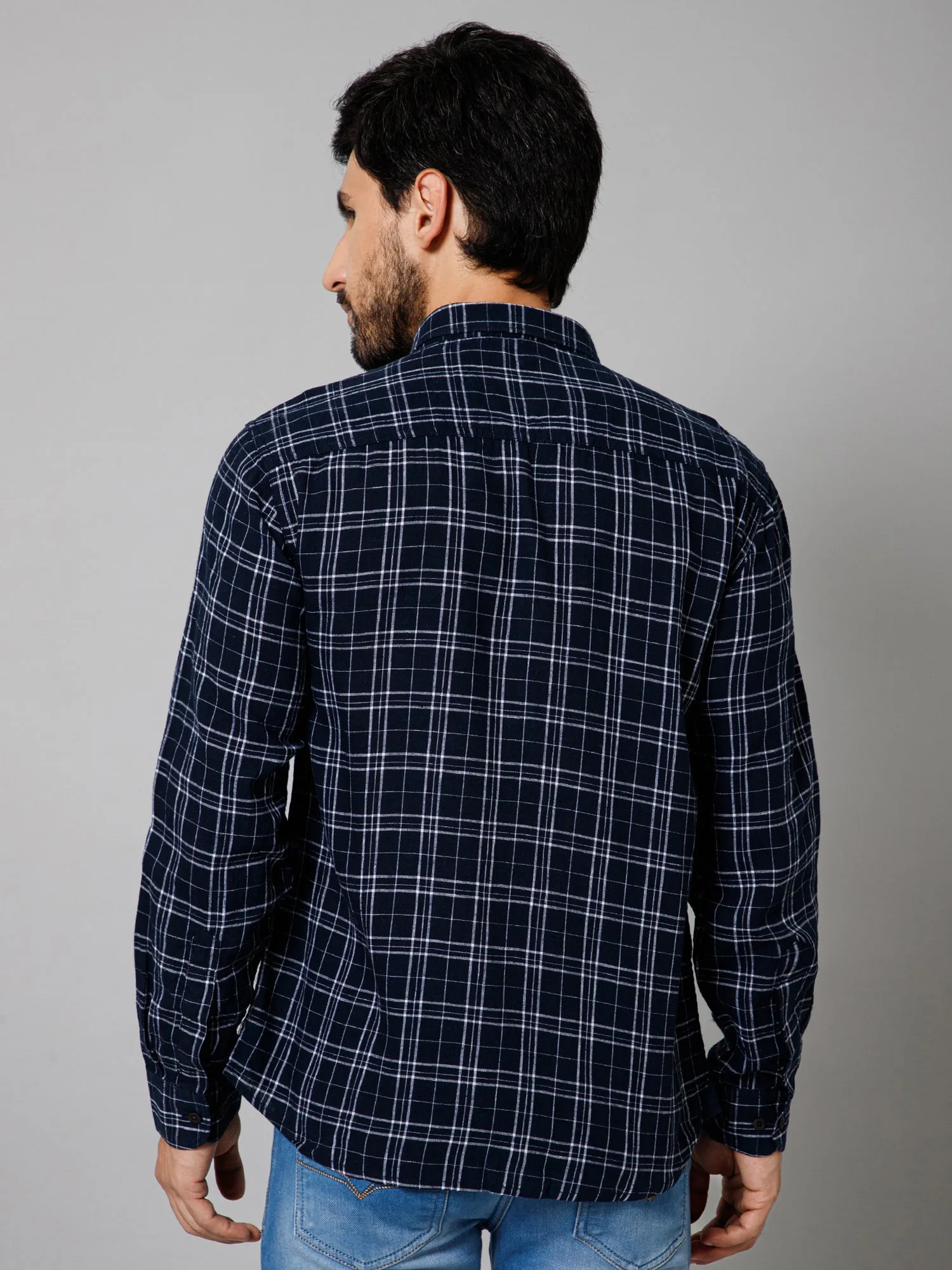 Cantabil Cotton Blend Checkered Full Sleeve Regular Fit Navy Blue Casual Shirt with Pocket for Men