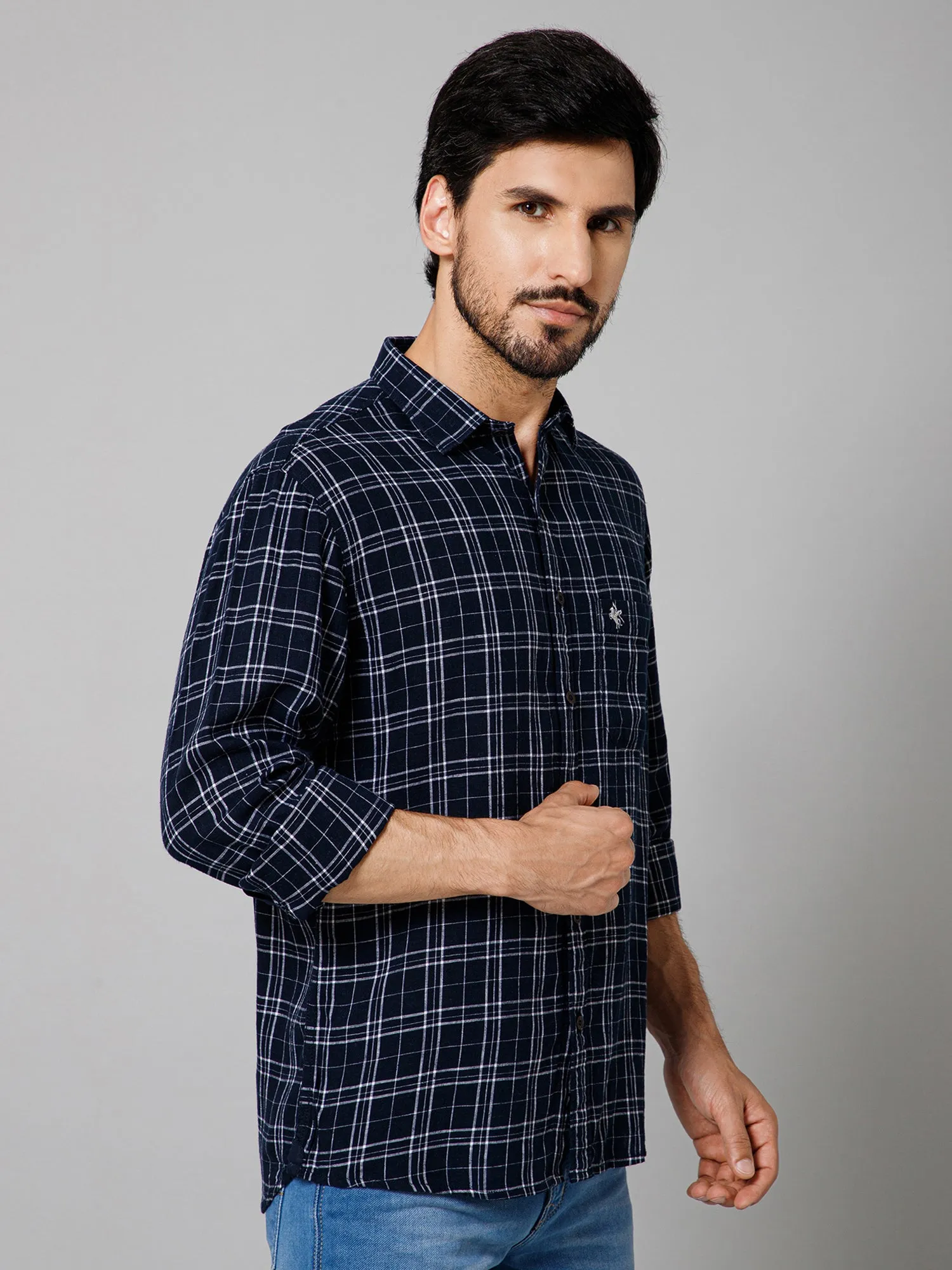 Cantabil Cotton Blend Checkered Full Sleeve Regular Fit Navy Blue Casual Shirt with Pocket for Men