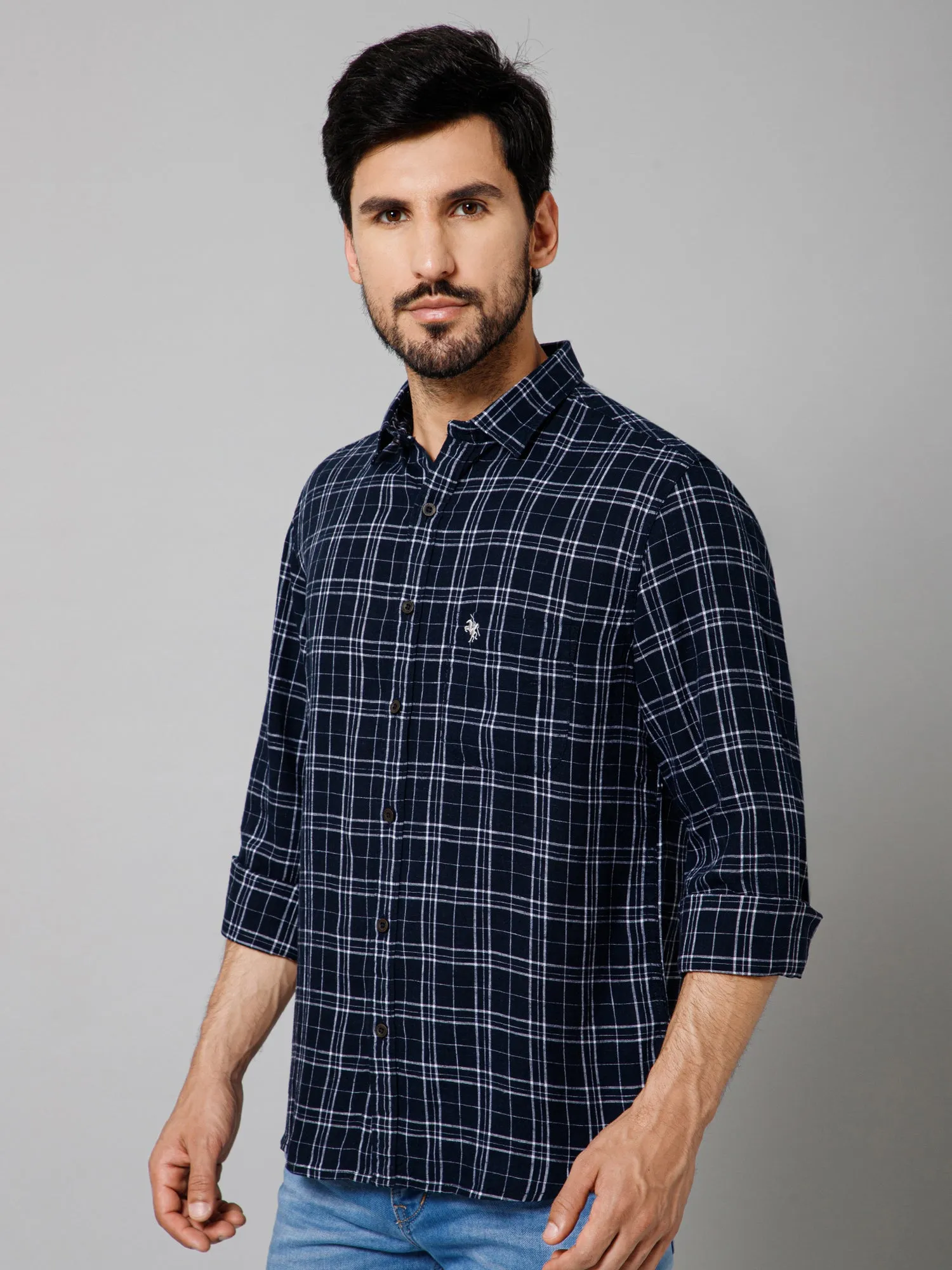 Cantabil Cotton Blend Checkered Full Sleeve Regular Fit Navy Blue Casual Shirt with Pocket for Men