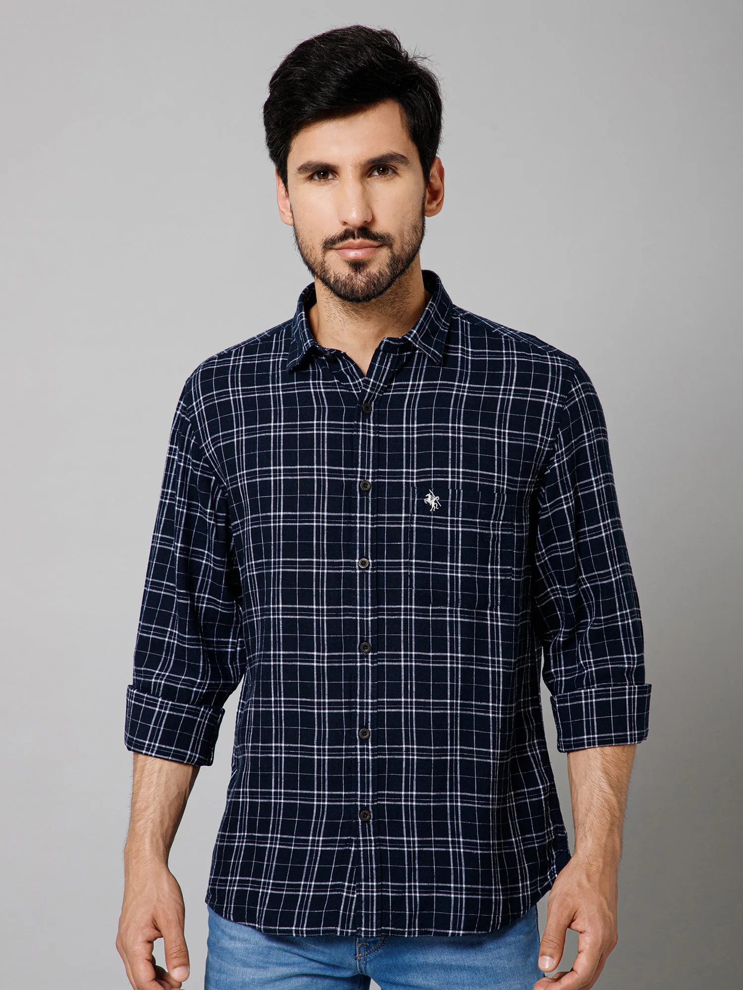 Cantabil Cotton Blend Checkered Full Sleeve Regular Fit Navy Blue Casual Shirt with Pocket for Men