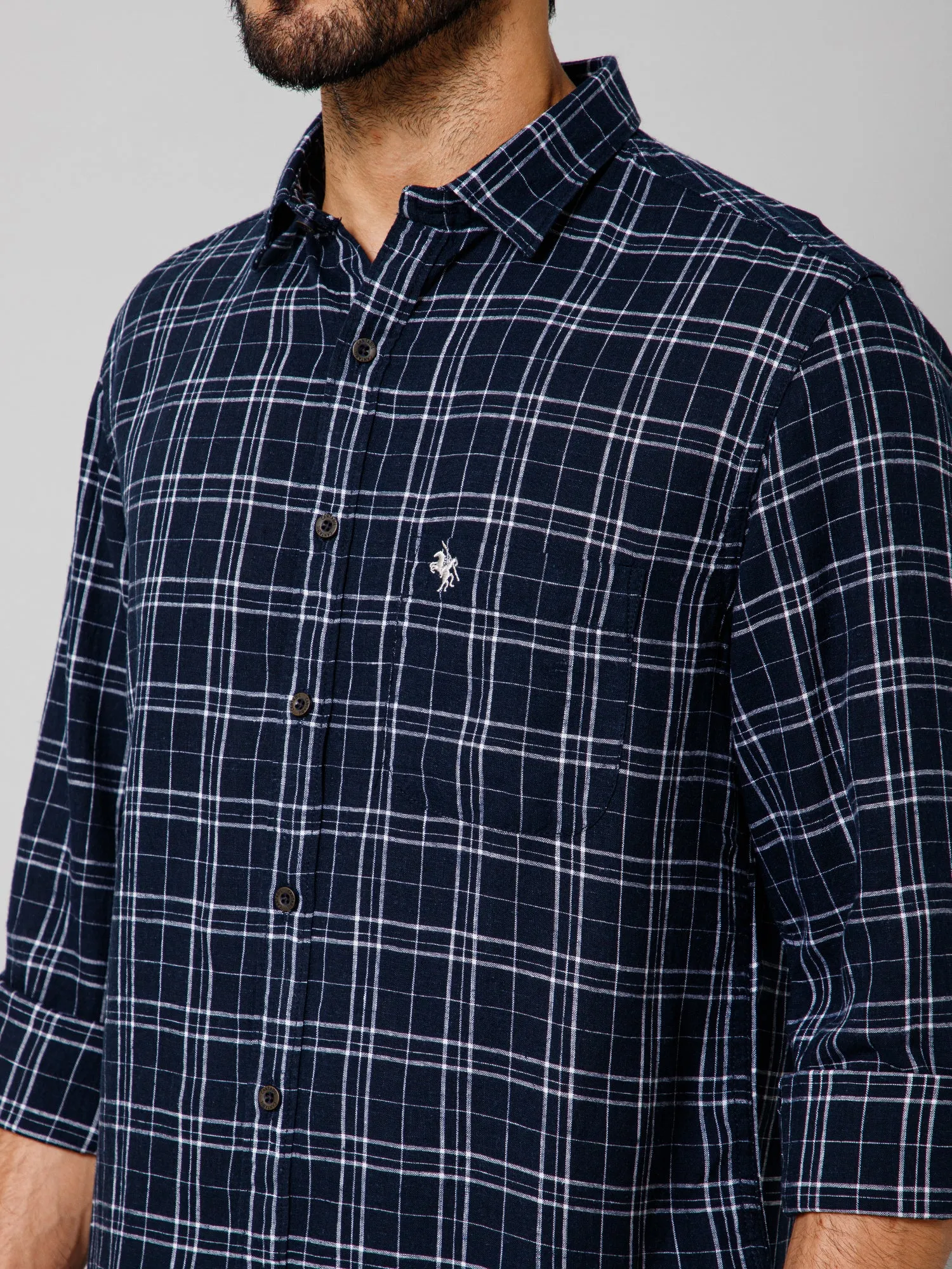 Cantabil Cotton Blend Checkered Full Sleeve Regular Fit Navy Blue Casual Shirt with Pocket for Men