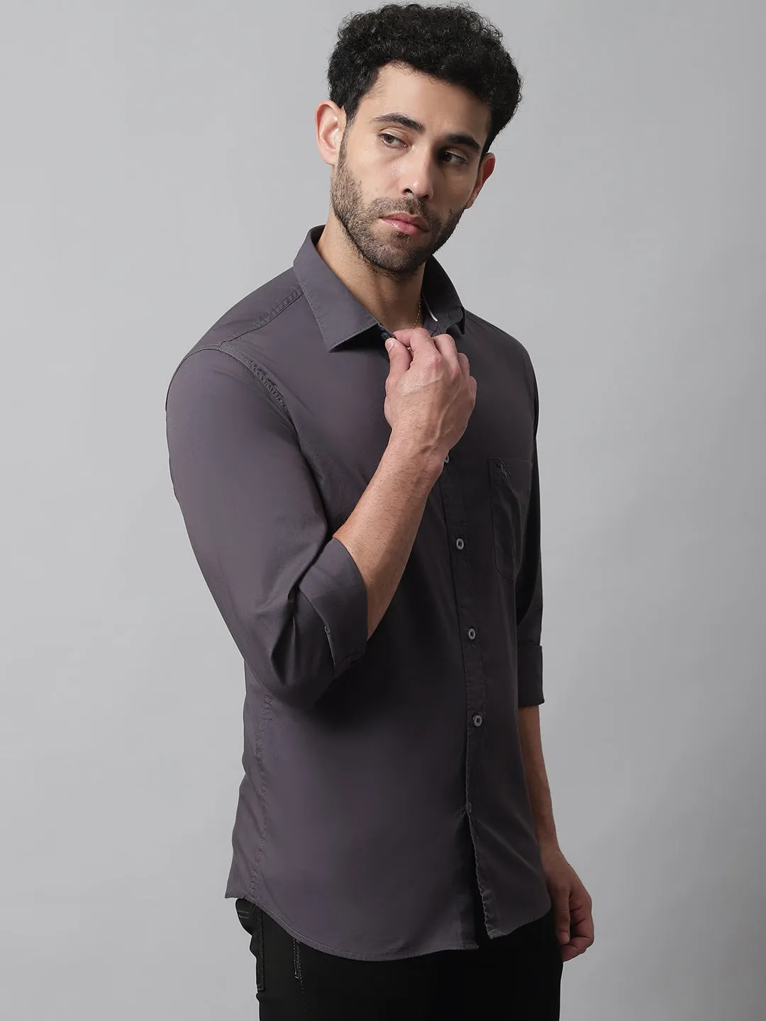 Cantabil Cotton Blend Grey Solid Full Sleeve Casual Shirt for Men with Pocket