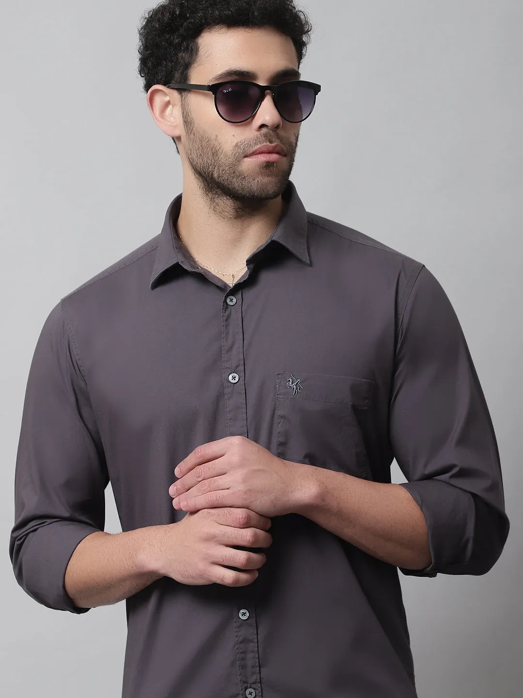 Cantabil Cotton Blend Grey Solid Full Sleeve Casual Shirt for Men with Pocket