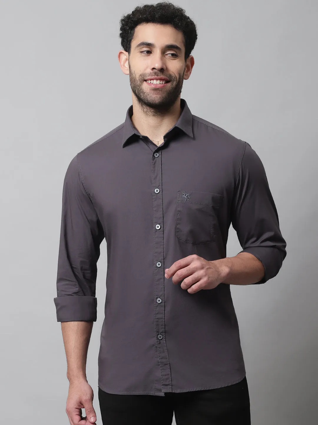 Cantabil Cotton Blend Grey Solid Full Sleeve Casual Shirt for Men with Pocket