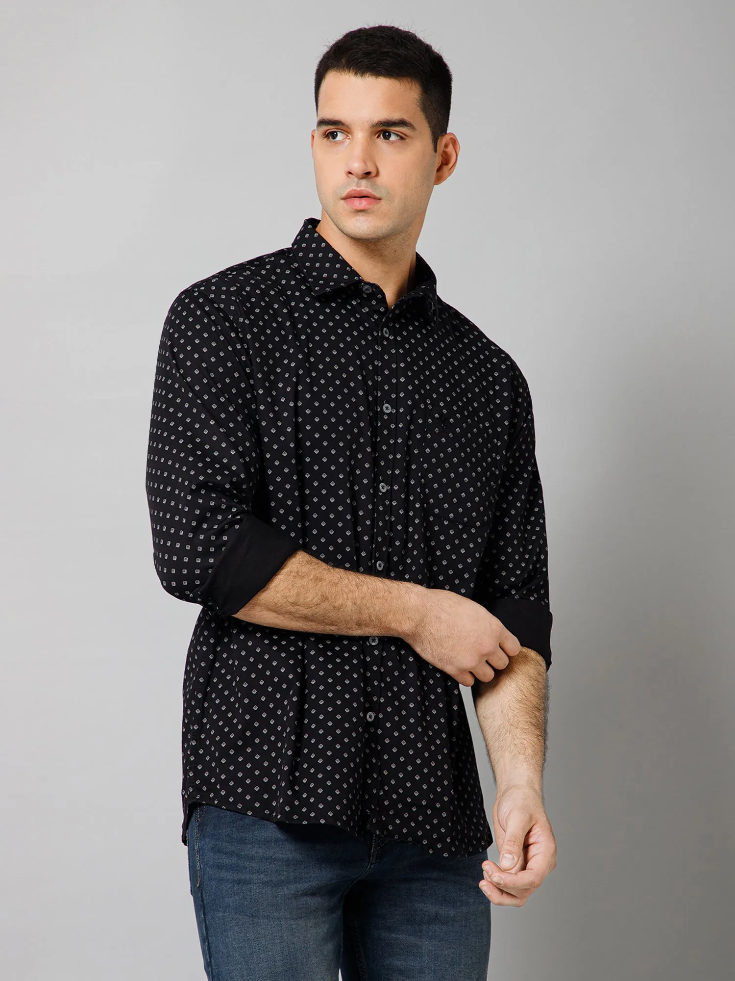 Cantabil Cotton Blend Micro Printed Full Sleeve Regular Fit Black Casual Shirt with Pocket for Men