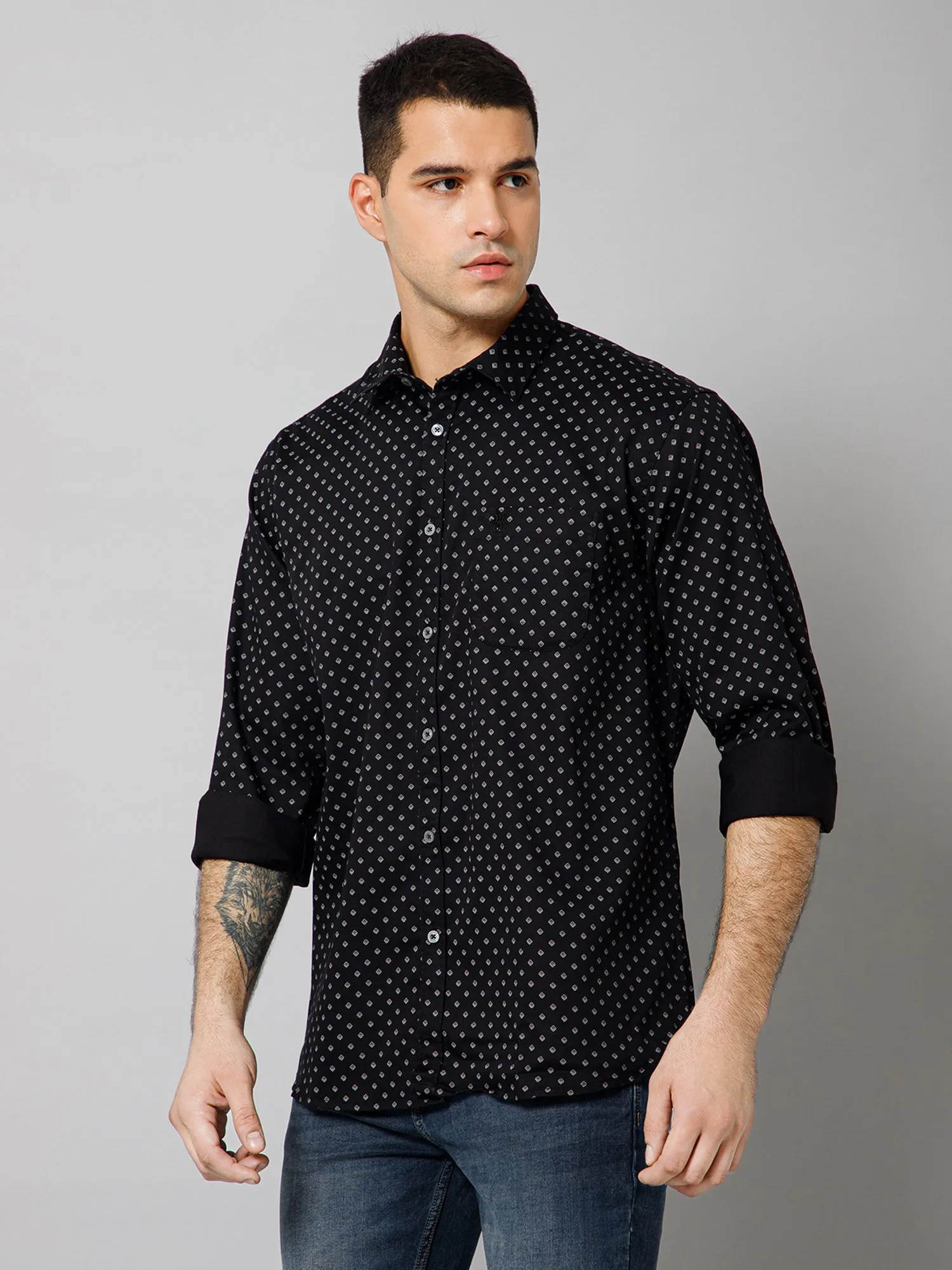 Cantabil Cotton Blend Micro Printed Full Sleeve Regular Fit Black Casual Shirt with Pocket for Men