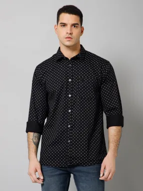 Cantabil Cotton Blend Micro Printed Full Sleeve Regular Fit Black Casual Shirt with Pocket for Men