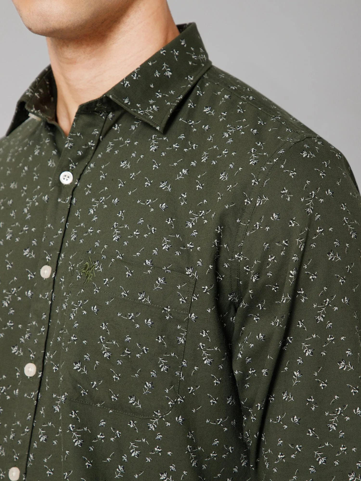 Cantabil Cotton Blend Printed Full Sleeve Regular Fit Green Casual Shirt for Men with Pocket