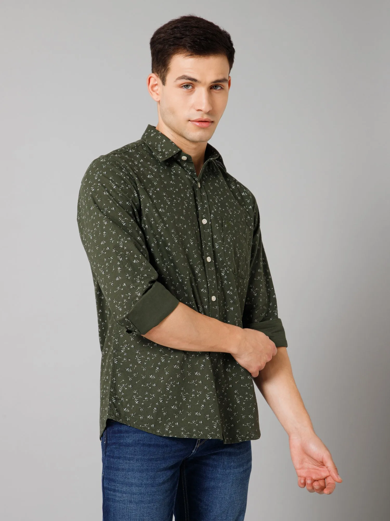 Cantabil Cotton Blend Printed Full Sleeve Regular Fit Green Casual Shirt for Men with Pocket