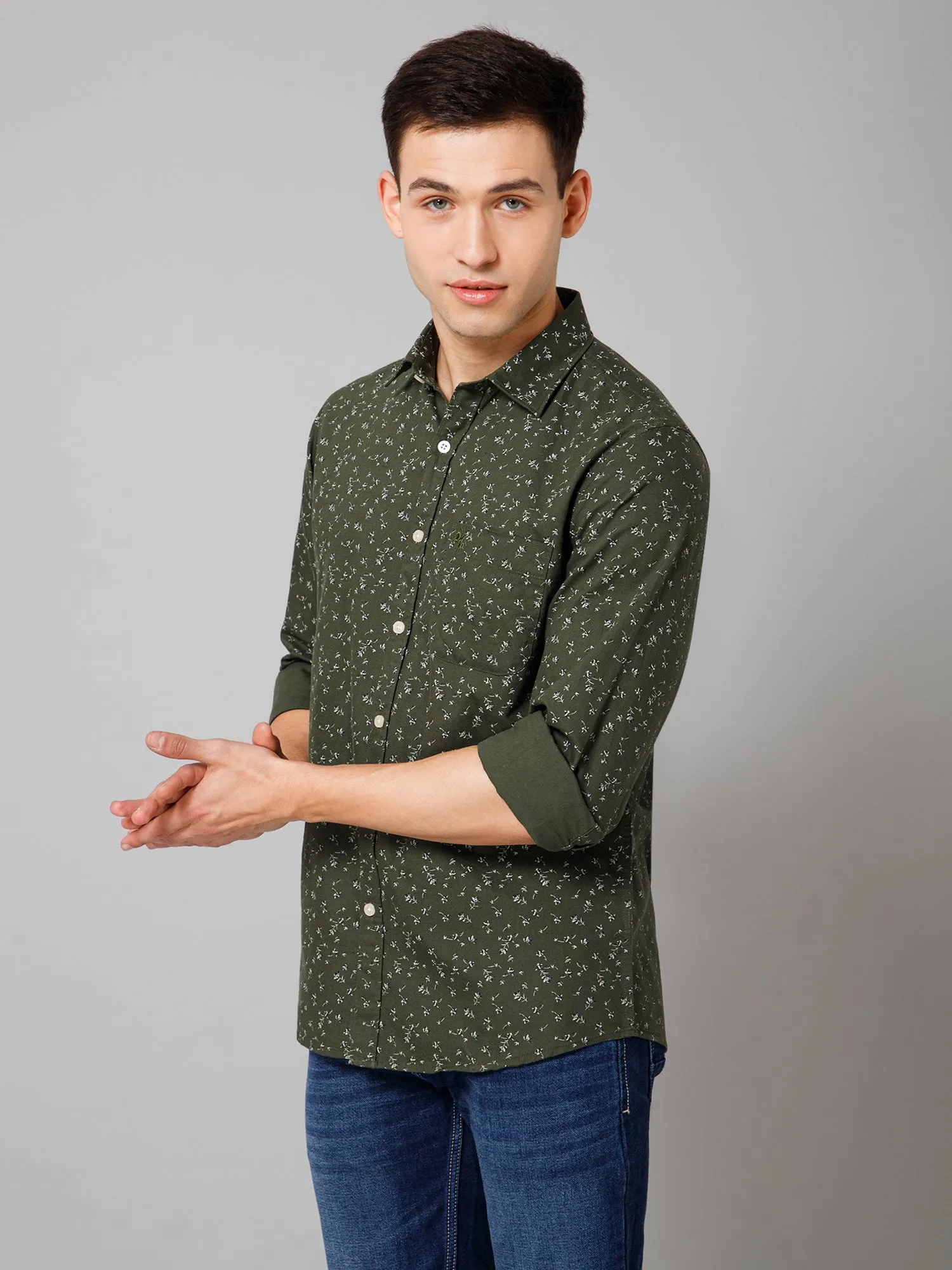 Cantabil Cotton Blend Printed Full Sleeve Regular Fit Green Casual Shirt for Men with Pocket