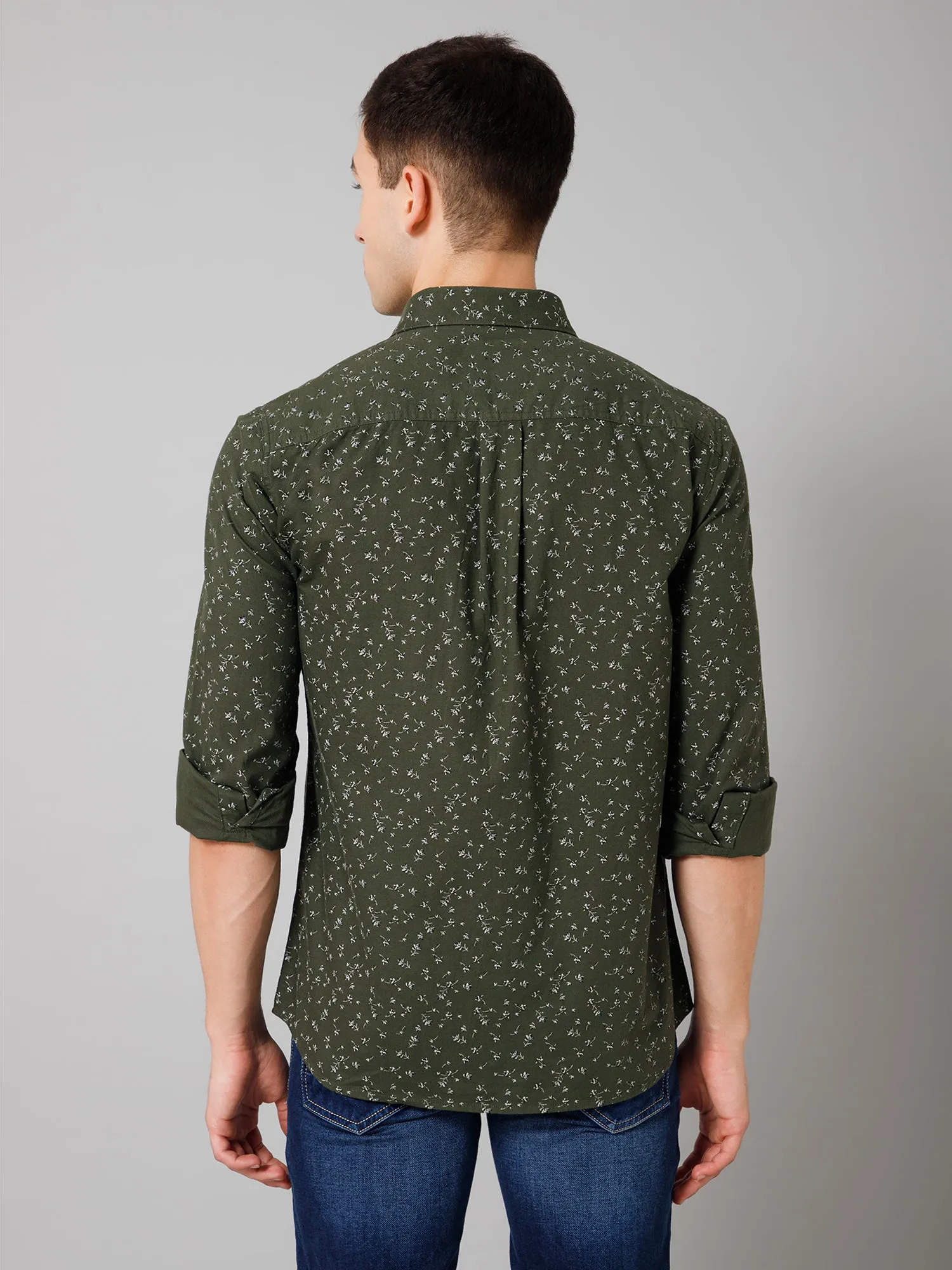 Cantabil Cotton Blend Printed Full Sleeve Regular Fit Green Casual Shirt for Men with Pocket