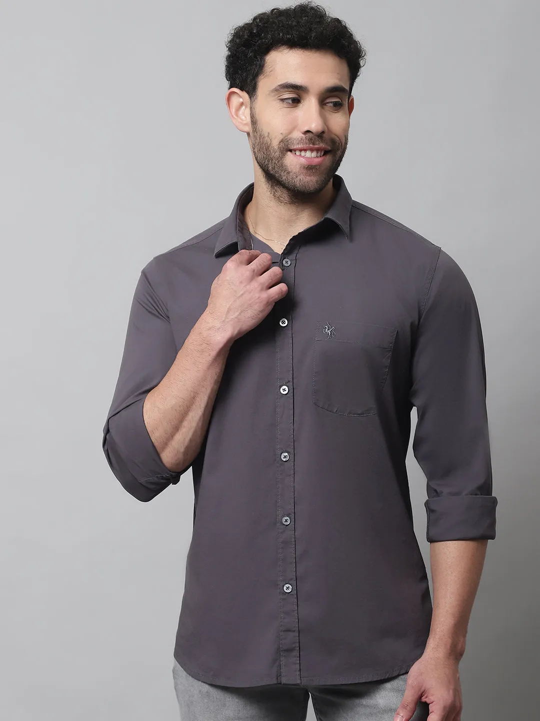 Cantabil Cotton Blend Solid Grey Full Sleeve Casual Shirt for Men with Pocket