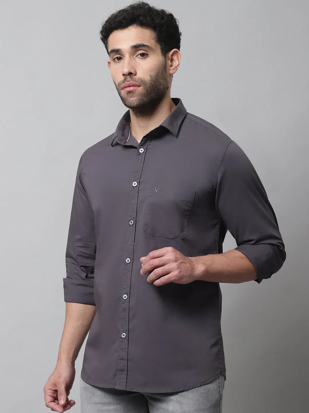 Cantabil Cotton Blend Solid Grey Full Sleeve Casual Shirt for Men with Pocket