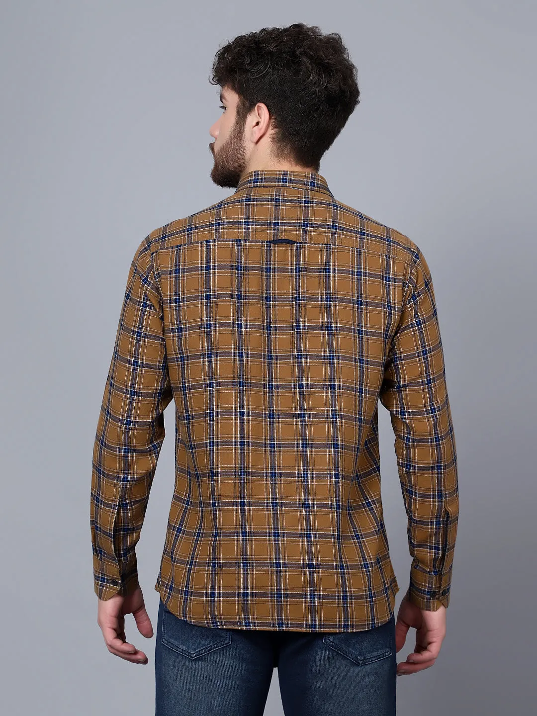 Cantabil Cotton Checkered Brown Full Sleeve Casual Shirt for Men with Pocket