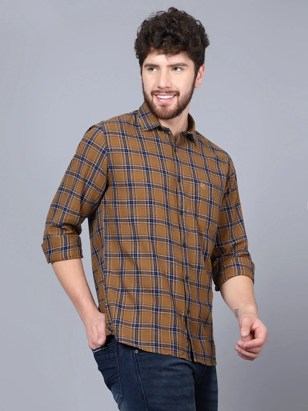 Cantabil Cotton Checkered Brown Full Sleeve Casual Shirt for Men with Pocket