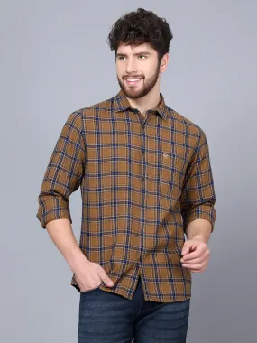 Cantabil Cotton Checkered Brown Full Sleeve Casual Shirt for Men with Pocket