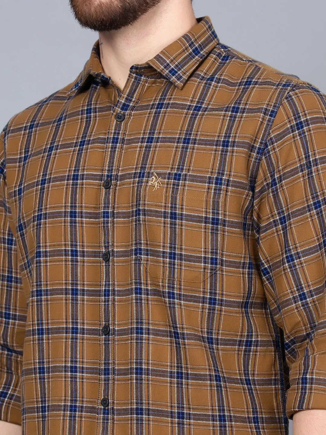 Cantabil Cotton Checkered Brown Full Sleeve Casual Shirt for Men with Pocket