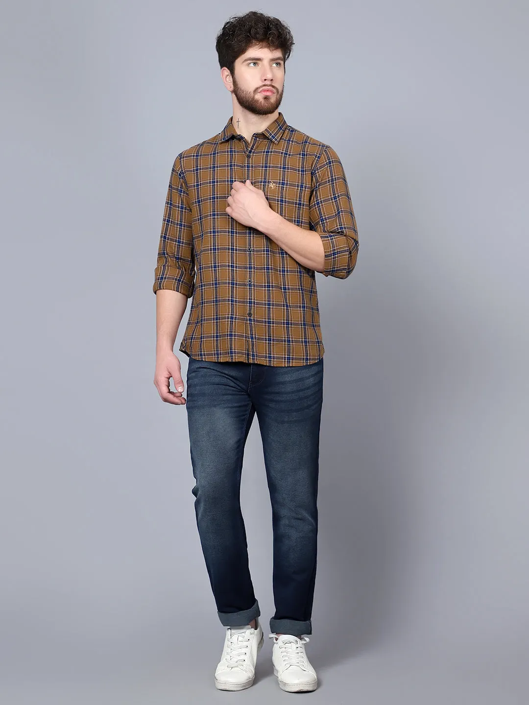 Cantabil Cotton Checkered Brown Full Sleeve Casual Shirt for Men with Pocket