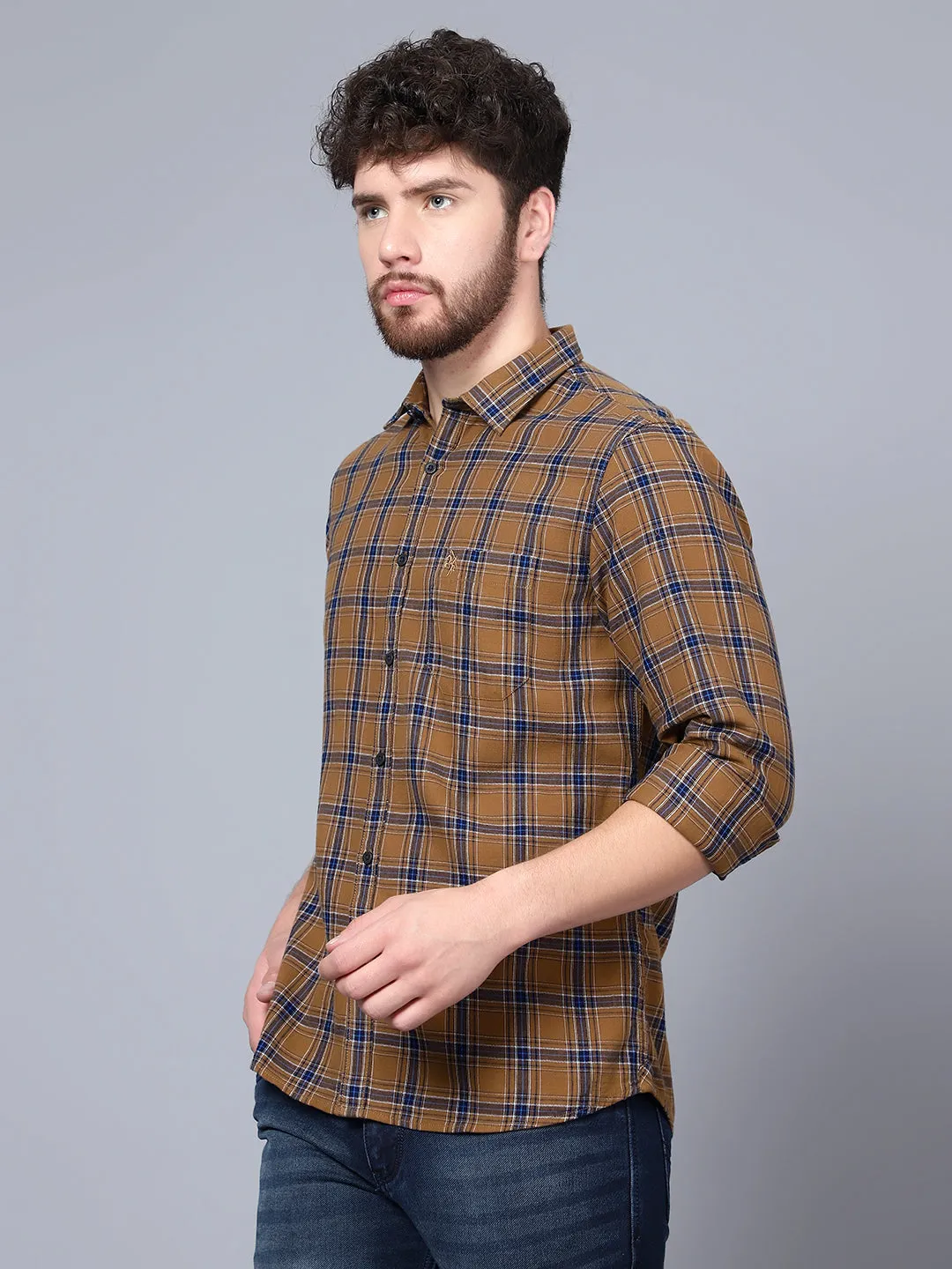 Cantabil Cotton Checkered Brown Full Sleeve Casual Shirt for Men with Pocket