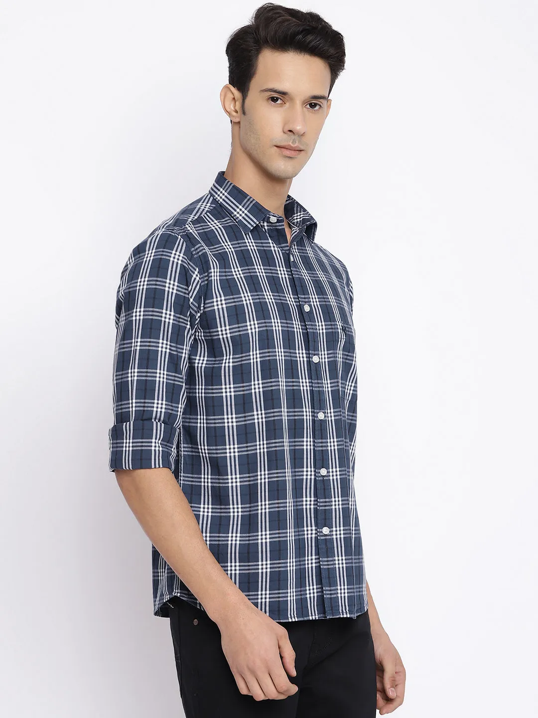 Cantabil Cotton Checkered Grey Full Sleeve Casual Shirt for Men with Pocket