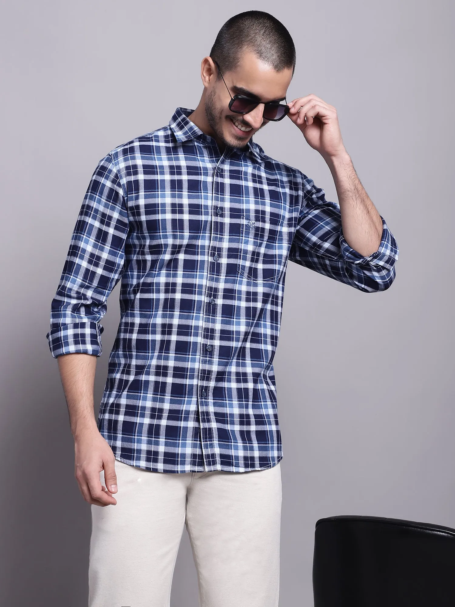 Cantabil Cotton Checkered Navy Blue Full Sleeve Casual Shirt for Men with Pocket