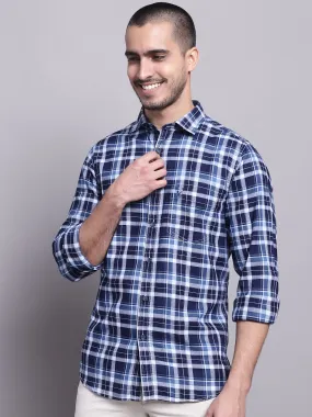 Cantabil Cotton Checkered Navy Blue Full Sleeve Casual Shirt for Men with Pocket