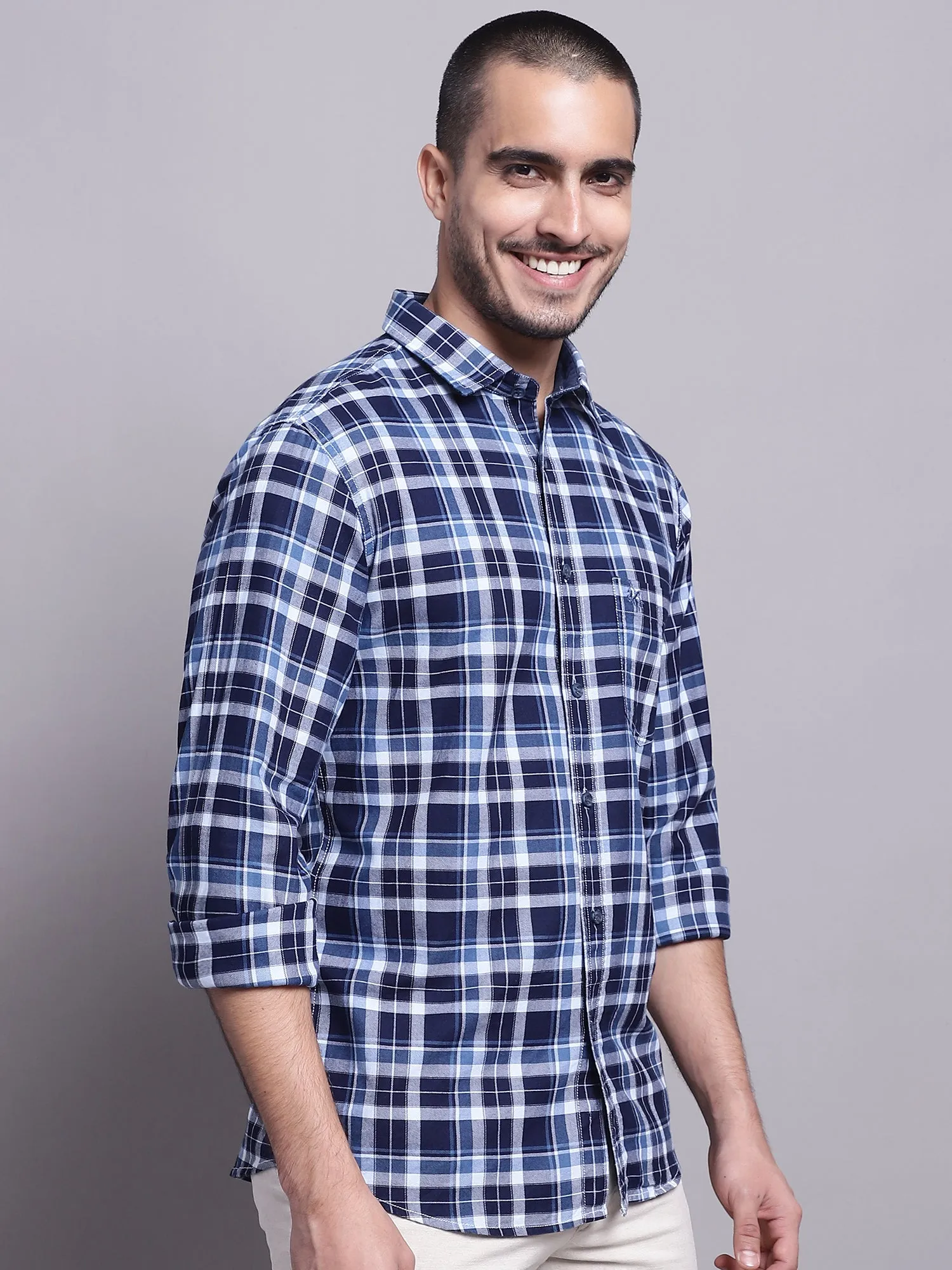 Cantabil Cotton Checkered Navy Blue Full Sleeve Casual Shirt for Men with Pocket