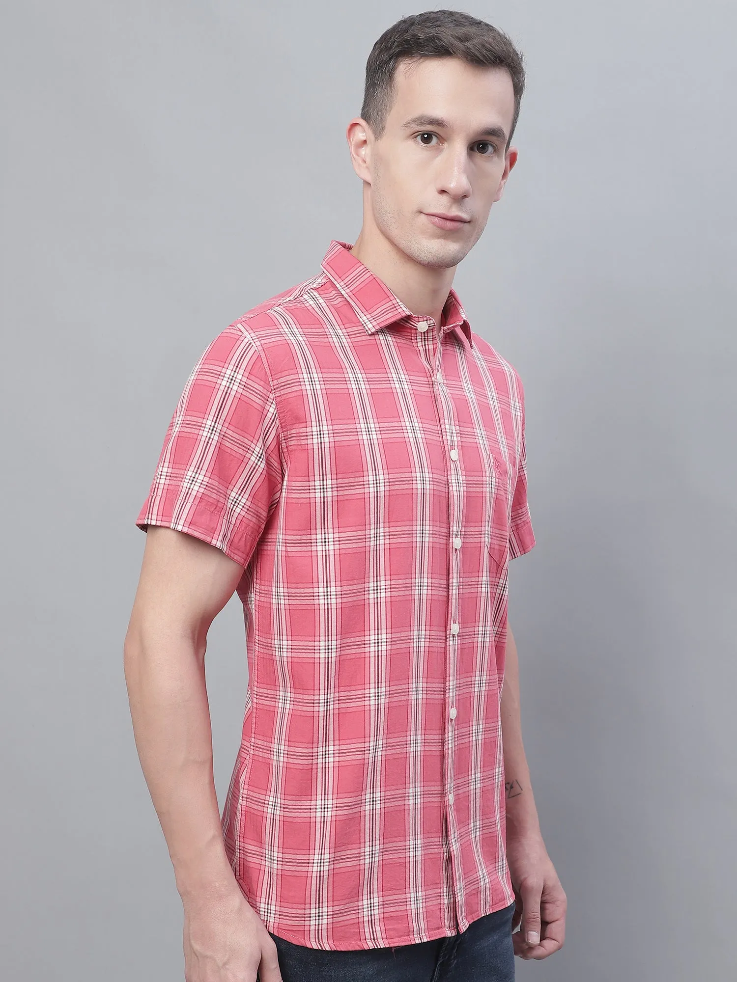 Cantabil Cotton Checkered Pink Half Sleeve Casual Shirt for Men with Pocket