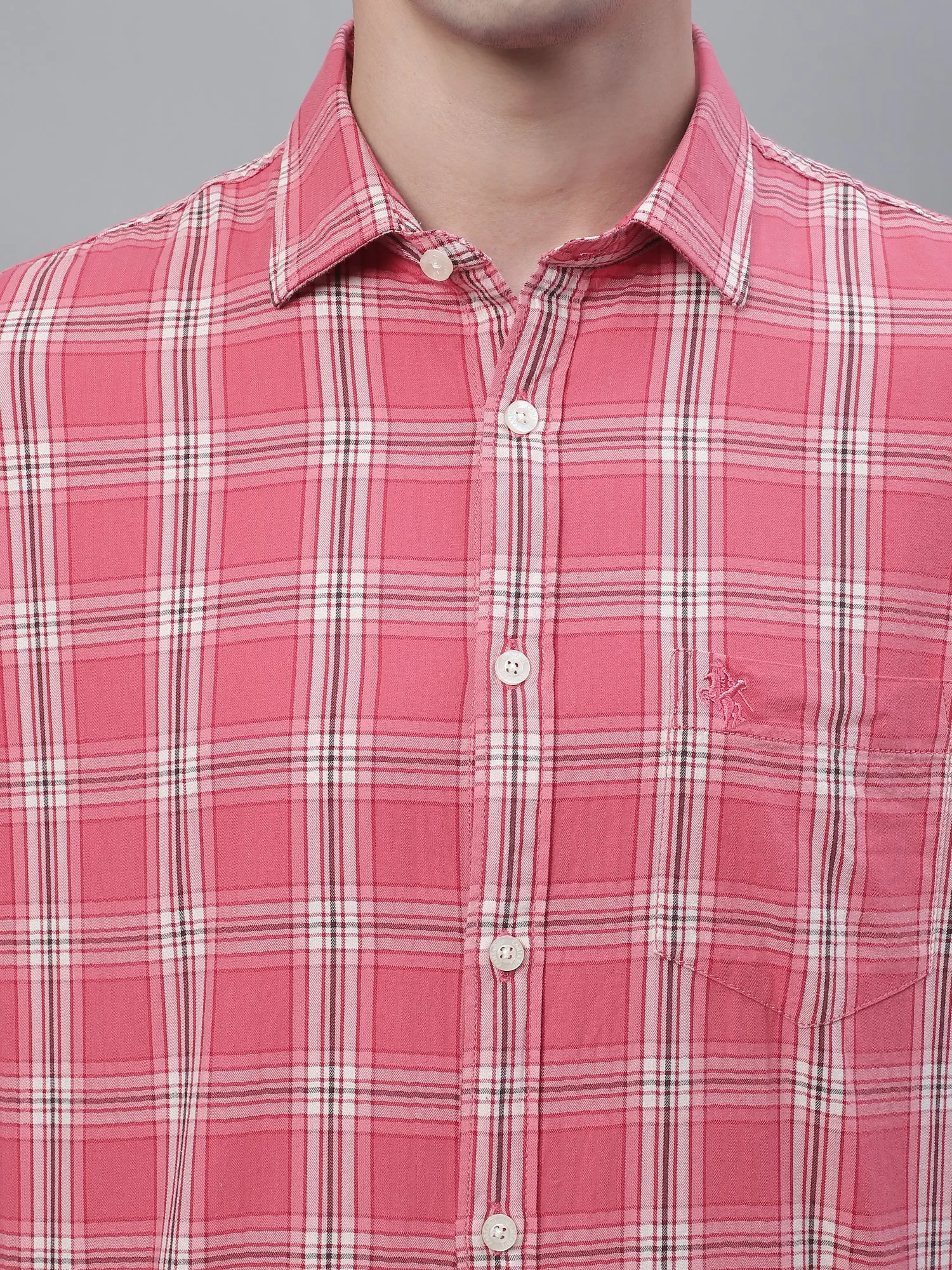 Cantabil Cotton Checkered Pink Half Sleeve Casual Shirt for Men with Pocket